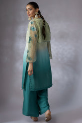 Mint teal ombre organza embroidered jacket suit set